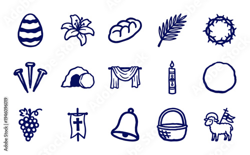 Easter and Holy Week religious symbols in a rustic blue marker sketch style. Naive hand-drawn Christian celebration elements for organic branding.
