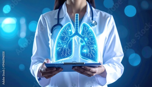 Doctor holding a digital model of lungs against a bokeh light filled, blue background