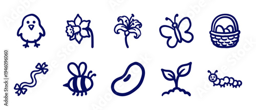 Hand-drawn spring nature and garden elements for organic brand identity. Rustic, naive marker sketch illustrations featuring seasonal growth concepts.