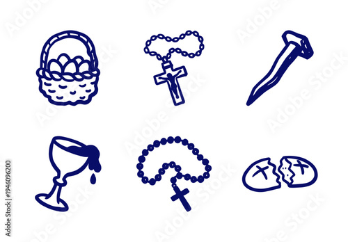 Catholic religious and Easter holiday symbols in a rustic naive doodle style. Hand-drawn blue marker sketches featuring rosary, chalice, and bread for spiritual branding.