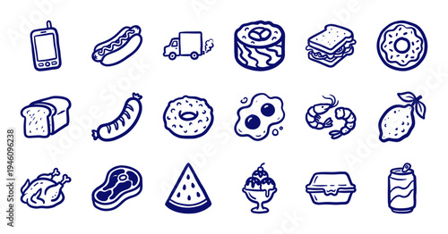 Hand-drawn food and delivery doodles for organic branding. Rustic naive marker sketch illustrations featuring snacks, meals, and logistics concepts.