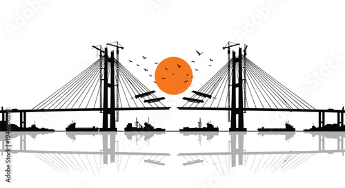 Vector illustration of a cable-stayed bridge with orange sun