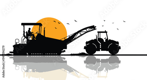 Vector illustration of road roller and tractor silhouette