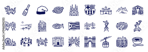 Barcelona travel and Catalonia culture hand-drawn doodle elements. Rustic blue marker sketch illustrations featuring Spanish landmarks and Mediterranean lifestyle concepts.