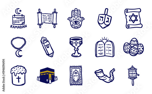 Global religion and spirituality symbols for cultural educational branding. Rustic, naive marker sketch illustrations featuring diverse faith concepts.