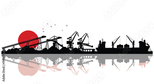 Industrial port silhouette vector, cranes and sunset