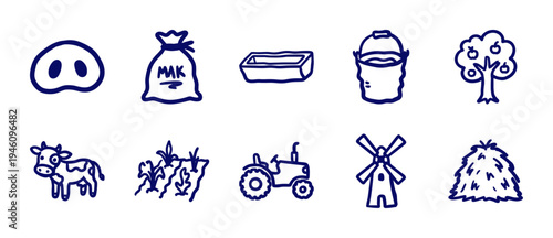 Rustic hand-drawn farming and agriculture elements for organic brand identity. Naive marker sketch illustrations featuring rural livestock and harvest concepts.