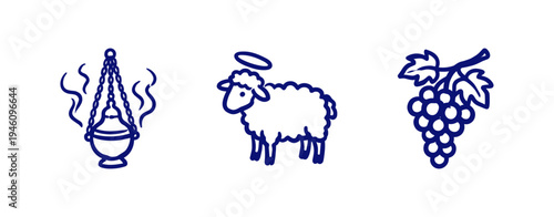 Hand-drawn religious and spiritual symbols featuring a sacrificial lamb with halo, incense thurible, and grapes. Rustic naive marker sketch for church identity.