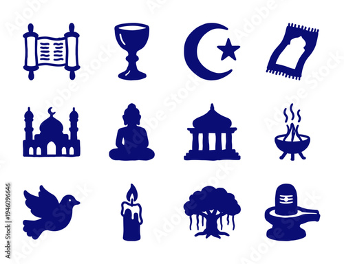 Hand-drawn religious and spiritual symbols for multicultural projects. Rustic navy blue marker sketch illustrations featuring faith and worship concepts.