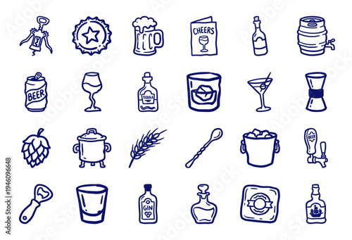 Hand-drawn alcohol and bar elements for rustic brand identity. Naive marker sketch illustrations featuring craft beer, cocktails, and brewery equipment.