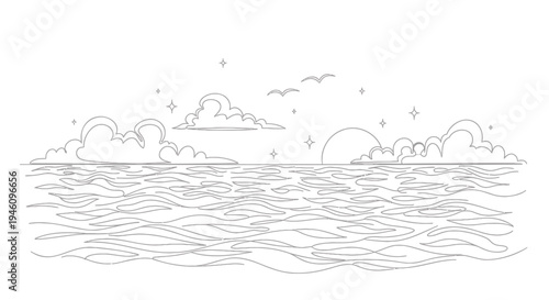 Vector illustration of a sea landscape with clouds and sun at sunset