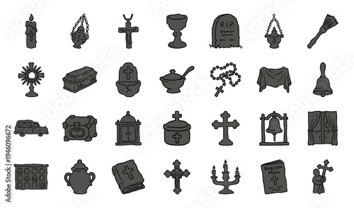 Catholic funeral and requiem mass liturgical elements for memorial service branding. Hand-drawn charcoal doodle illustrations of religious mourning symbols.