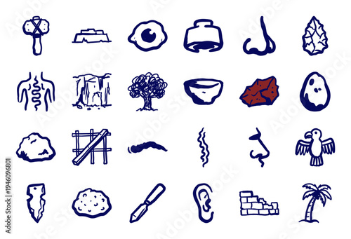 Hand-drawn primitive archaeology and ancient tribal elements for museum branding. Rustic, naive marker sketch illustrations of stone age tools.