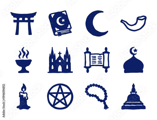 Hand-drawn religious symbols and spiritual icons for global cultural identity. Rustic, naive marker sketch illustrations of sacred world faith concepts.