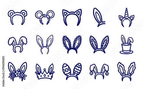 Hand-drawn whimsical animal ear headbands and festive bunny accessories for photo booth props. Naive ink doodle sketches featuring Easter and party themes.