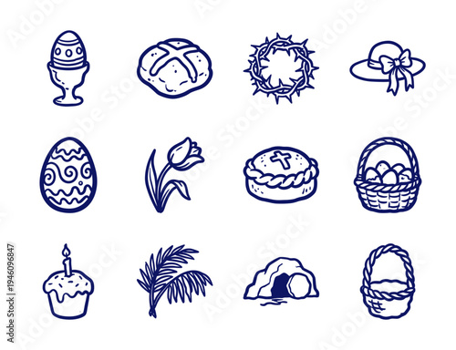 Easter holiday religious and seasonal elements in hand-drawn naive doodle style. Rustic marker sketch illustrations for spring celebration and church tradition.