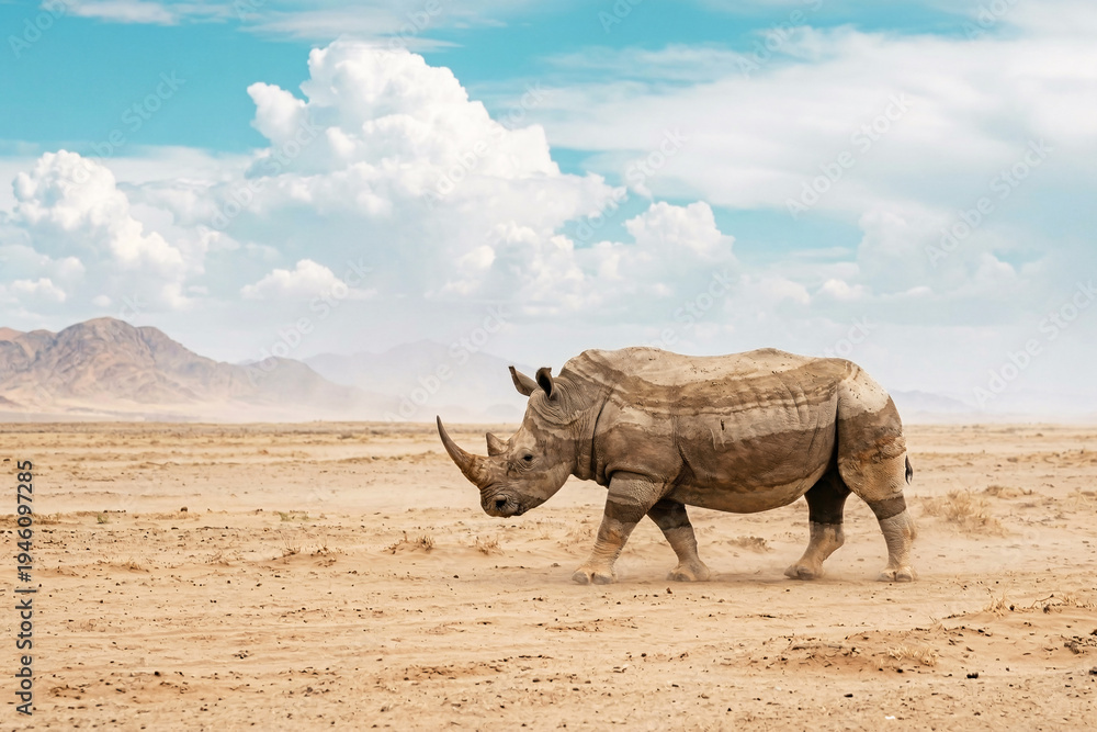 Fototapeta premium Striped Rhinoceros On Vast Namib Sandflat Under Turquoise Sky With Puffy Clouds, Surreal Wildlife Concept, Minimal Background, Copy Space
