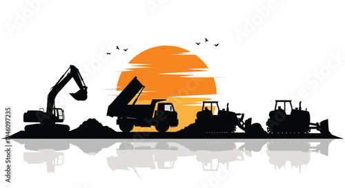 Set of 3 construction vehicles silhouette vector