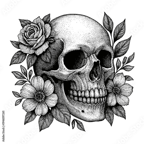 Intricate stippled black ink illustration of a human skull entwined with blooming roses and wildflowers, surrounded by detailed leaves, petals, and botanical elements