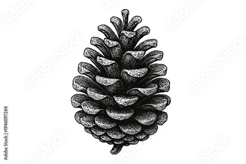 High-contrast black and white detailed botanical illustration of a single pine cone showing textured scales and natural symmetry, isolated on a white background.