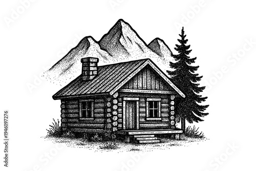 Detailed monochrome ink stipple illustration of a rustic log cabin with chimney and porch nestled beside a tall pine tree at the base of rugged mountain peaks, a wilderness retreat