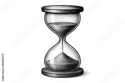 Vintage stipple illustration of a classic hourglass with flowing sand in a glass bulb, detailed engraving-style black-and-white artwork symbolizing time and patience