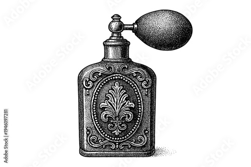 Vintage ornate perfume atomizer bottle with embossed floral medallion and rubber bulb pump, detailed stippled black-and-white engraving of an antique fragrance bottle