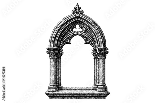 Ornate Gothic stone arched window with lancet tracery, twin columns on a carved base, decorative quatrefoil and fleur-de-lis pinnacle in detailed architectural engraving