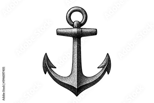 Vintage engraved ship anchor illustration rendered in detailed stipple shading, isolated on white background — maritime nautical emblem signifying stability, seafaring mooring.