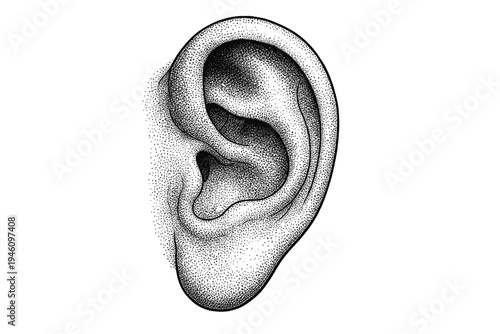 Highly detailed stippled black and white anatomical illustration of a human ear showing intricate contours, folds, and ear canal rendered in pointillism style on white background