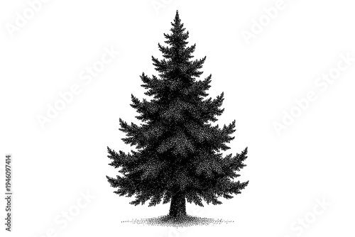 Stipple dotwork illustration of a solitary evergreen conifer tree in black and white, vintage botanical engraving style with textured needles, layered branches and trunk