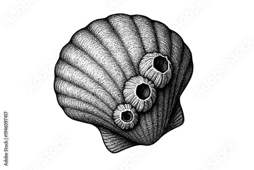 Intricate black-and-white stippled illustration of a scallop shell with three attached barnacles, engraved texture and shading highlighting ridged form on white background