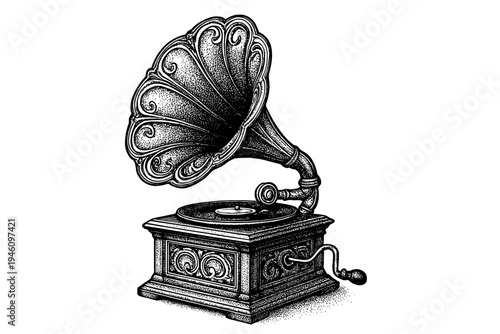 Antique hand-crank gramophone with ornate horn and carved wooden base, vintage phonograph turntable illustration in detailed black and white engraving style artwork