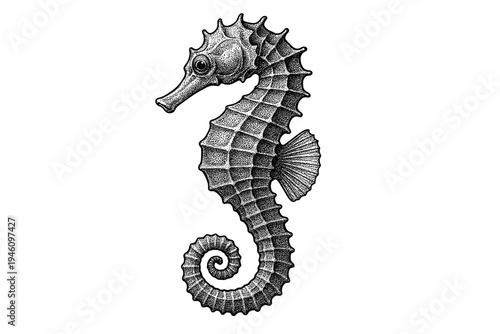 Highly detailed black and white stippled illustration of a seahorse showing textured bony plates, curled tail, snout and dorsal fin in engraving style on white background