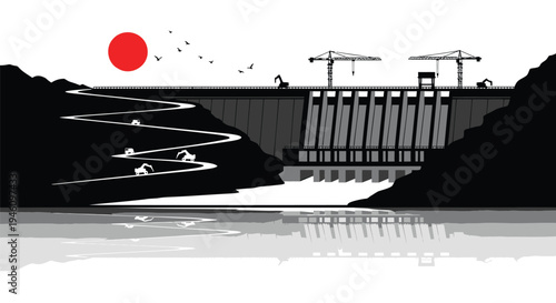 Vector illustration of hydroelectric dam with mountain landscape