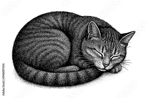 Detailed black-and-white engraving illustration of a sleeping tabby cat curled into a tight circle, eyes closed, textured with fine ink hatching and stippling for realistic calm.