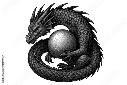 Intricate black ink illustration of a coiled dragon clutching a textured orb, detailed scales and spines forming a spiral composition evoking mythic fantasy symbolism and power