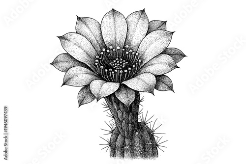 Highly detailed black ink stipple illustration of a flowering cactus with a large single blossom, dotwork petals and textured spines in botanical monochrome artwork