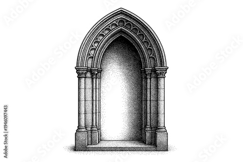 Ornate Gothic pointed arch doorway with layered archivolts, clustered columns, carved stone portal and recessed niche, black-and-white stippled illustration of medieval entrance