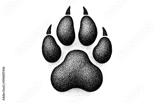 High-contrast black ink stippling illustration of a textured animal paw print featuring a large central pad, four toe pads and subtle claw tips, monochrome minimalist tattoo-style