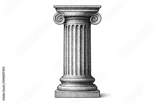 Highly detailed stippled engraving of a classical Ionic column featuring a fluted shaft, volute capital, molded base and plinth on a white background, architectural illustration