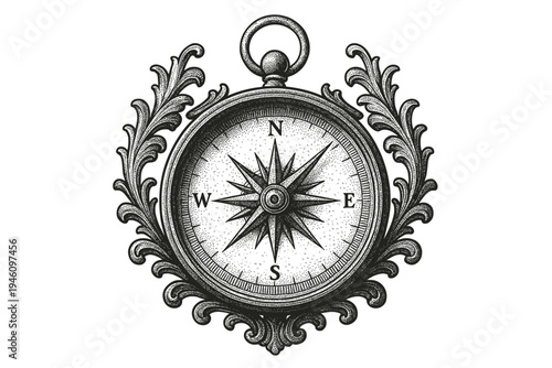 Ornate vintage compass pendant with decorative filigree frame, detailed engraved compass rose and cardinal points, monochrome hand-drawn nautical navigation emblem