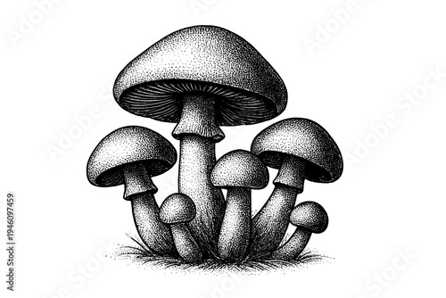 Detailed black-and-white stippled ink illustration of a clustered group of wild mushrooms and toadstools, showing textured caps, stems and gills in vintage engraving style
