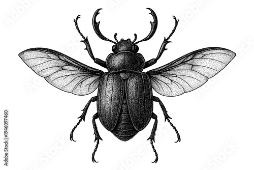 Detailed black-and-white engraving of a beetle with outstretched translucent wings, textured elytra, segmented legs, curved antennae, and ornate body detailing