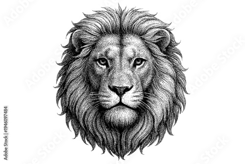 Highly detailed monochrome stippled illustration of a majestic lion head portrait with intricate flowing mane and realistic facial features, ink dotwork style on white background