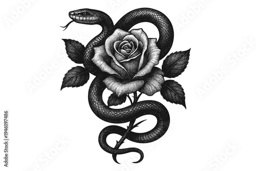 Black ink illustration of a coiled snake entwined with a detailed blooming rose, tattoo-style botanical composition with textured scales, leaves and curling form in monochrome