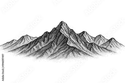 Black-and-white stipple ink illustration of a rugged mountain range with a prominent central peak, layered rocky ridgelines, textured slopes, and detailed dotwork shading