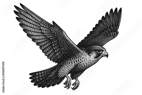 Highly detailed black-and-white engraved illustration of a hawk in mid-flight with outstretched wings, sharp talons, textured feathers, and vintage stippled engraving style