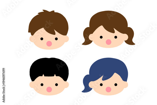 驚いた表情のかわいい子どもの顔アイコンセット 男の子 女の子 丸い口のキッズアバター人物フラットイラスト