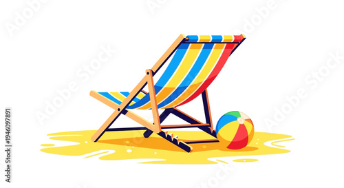 Striped Beach Chair with Colorful Beach Ball Illustration

